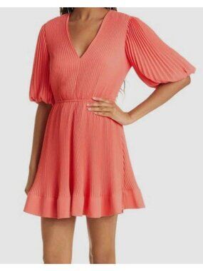 $395 Milly Elle Hug Hot Coral Short Sleeve Pleated Mini Dress Size 8 NWT